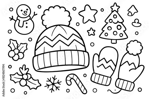 Christmas Coloring Fun. Christmas winter set children’s coloring book illustration, outlined drawing, knitted