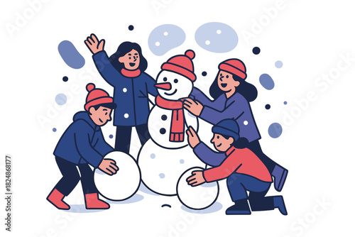 Joyful Snowman Assembly. Snowman assembly scene. Friends in winter coats rolling and stacking snowballs, scarf
