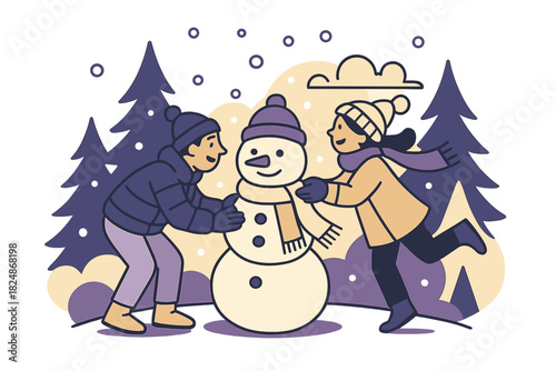 Building a Snowman. Snowy outdoor joy. Friends finishing snowman, scarf and hat being added, snow falling