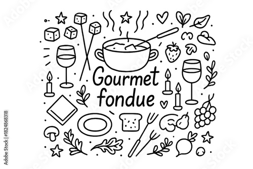 Gourmet Fondue Doodle. Gourmet fondue. Hand-drawn doodle illustration of Gourmet fondue. Fondue pot, cheese,