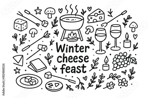 Winter Cheese Celebration. Winter cheese feast. Hand-drawn doodle illustration of Winter cheese feast. Fondue
