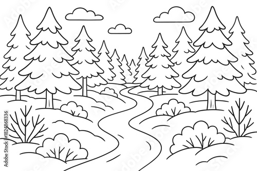 Winter Forest Coloring. Peaceful winter hike children’s coloring book illustration, outlined drawing, frosty