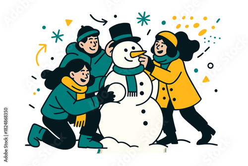 Building A Snowman. Group of friends building snowman. Three friends in winter coats and scarves stacking