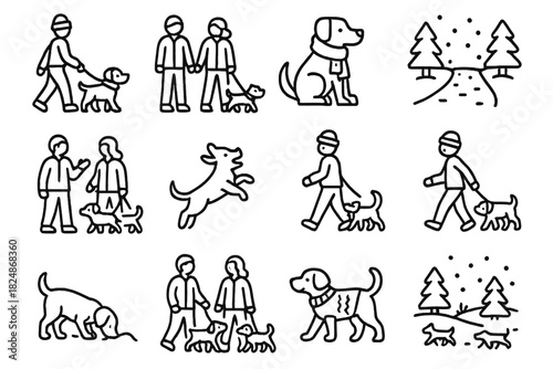 Festive Dog Icon Set. Festive dog walk. Line outline icon set of festive dog walk: person walking dog, friends