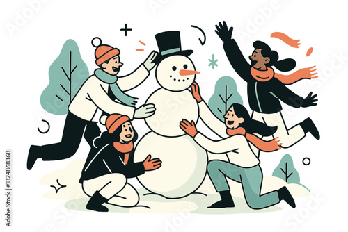 Joyful Snowman Building. Friends assembling snowman. Large snowballs being stacked, playful gestures, hats and