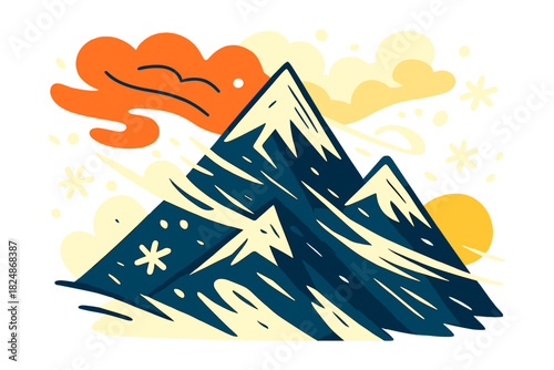 Dramatic Alpine Snowstorm. Stormy alpine view. High mountain peaks with snow blowing fiercely, clouds moving