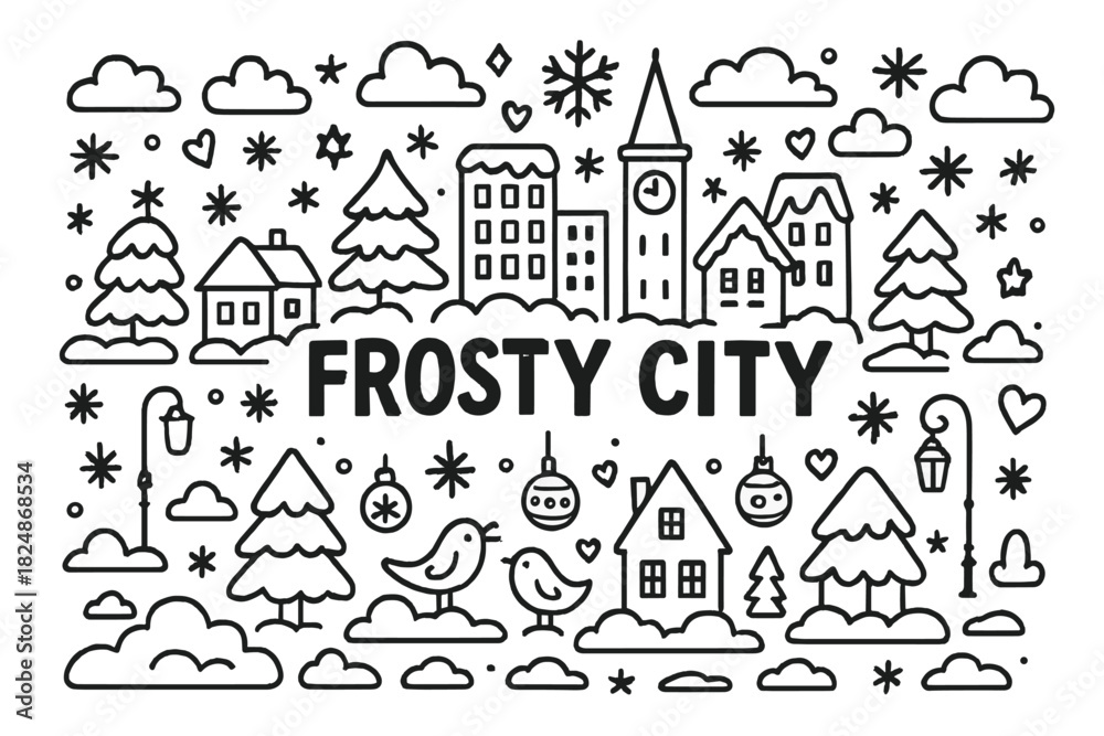 Fototapeta premium Frosty City Doodle. Frosty City. Hand-drawn doodle illustration of Frosty City. City skyline, frosted
