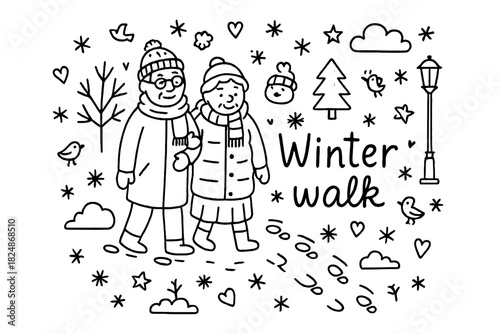 Winter Walk Doodle. Winter walk. Hand-drawn doodle illustration of Winter walk. Elderly couple, winter coats,