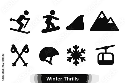 Winter Sports Icons. Winter Thrills. Filled icon set of Winter Thrills: skier, snowboarder, snow slope,