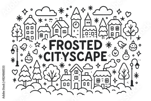 Frosted City Doodle. Frosted Cityscape. Hand-drawn doodle illustration of Frosted Cityscape. City buildings,