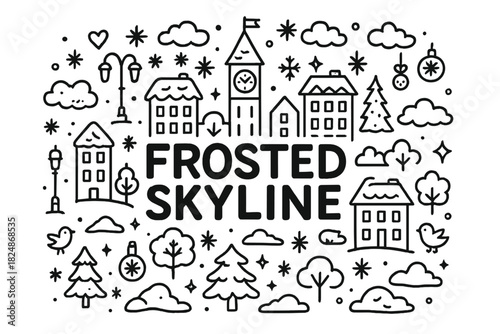 Frosted Skyline Doodle. Frosted Skyline. Hand-drawn doodle illustration of Frosted Skyline. City buildings,