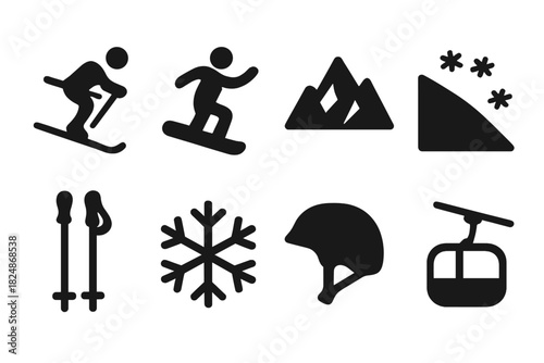 Snow Adventure Icons. Snow Adventure. Filled icon set of Snow Adventure: skier, snowboarder, mountain, snow