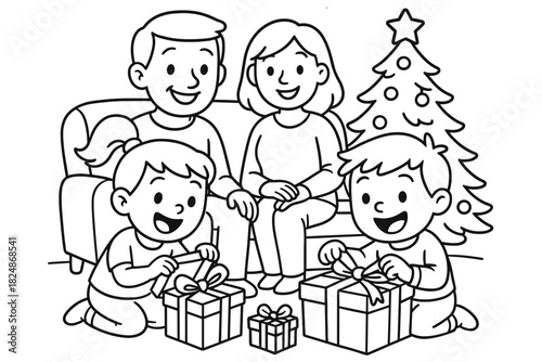 Joyful Gift Unwrapping. Family holiday joy children’s coloring book illustration, outlined drawing, kids
