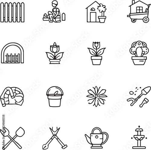 Garden web line icon set. Containing plant, flowers, trees, watering can, fence, cultivate and gardening icons.
