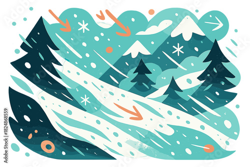 Dynamic Snowy Mountain. Winter mountain snowstorm. Snowflakes blowing across steep slopes, pine trees