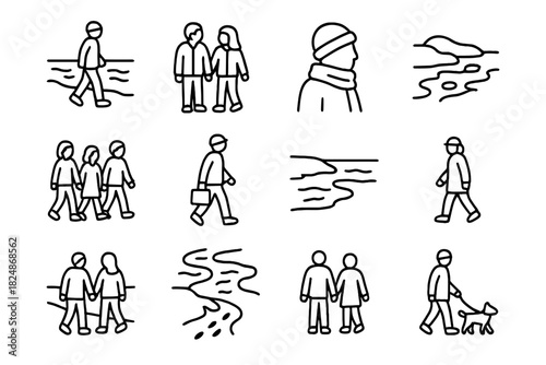 Frozen River Icons. Frozen river walk. Line outline icon set of frozen river walk: pedestrian walking along
