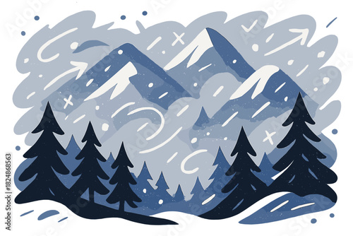 Stormy Mountain Vista. Snowstorm over forested mountains. Pine trees at the base of slopes, snow swirling