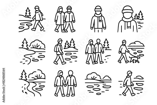 Winter Walk Icons. Winter walk icons. Line outline icon set of winter walk icons: person walking along frozen