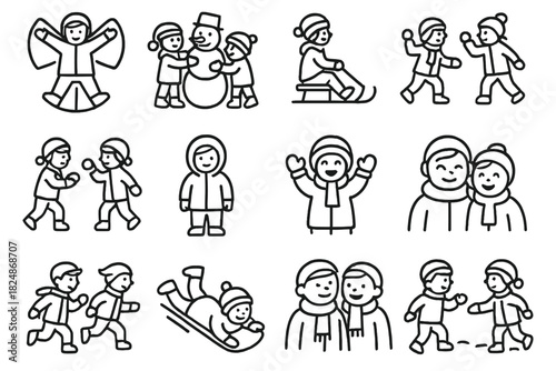 Winter Play Icons. Holiday snow play. Line outline icon set of holiday snow play: kids making snow angels,