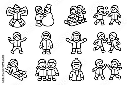 Winter Fun Icons. Winter kids icons. Line outline icon set of winter kids icons: kids making snow angels,