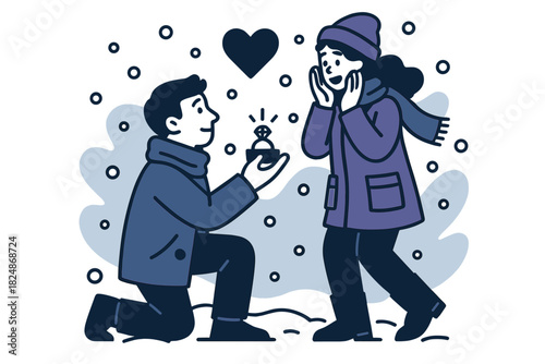 Snowy Proposal Delight. Romantic snowfall proposal. Person presenting engagement ring, partner’s joyful