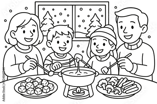 Cheese Fondue Fun. Winter fondue night children’s coloring book illustration, outlined drawing, family or
