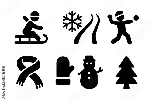 Snowy Playtime Icons. Kids Playing on a Snowy Path. Filled icon set of Kids Playing on a Snowy Path: child