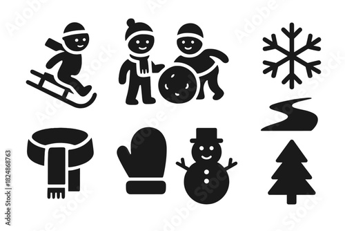 Kids in Snow Icons. Kids in Snow. Filled icon set of Kids in Snow: child sledding, snowball, snowflake,