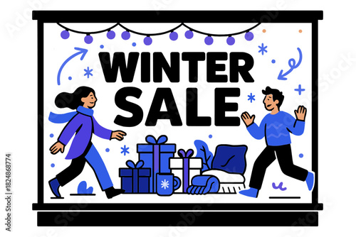 Winter Sale Extravaganza. Shop window with Winter Sale signage. Big bold letters, small snowflakes and lights