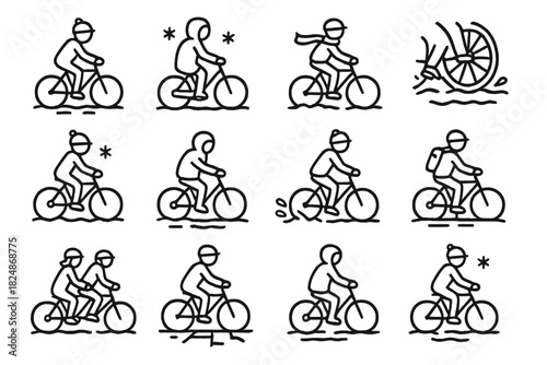 Winter Cycling Icons. Snowy street cyclists. Line outline icon set of snowy street cyclists: cyclist riding