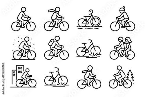 Cycling Winter Icons. Cycling winter icons. Line outline icon set of cycling winter icons: person riding