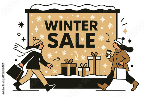 Winter Sale Wonderland. Festive shop window with Winter Sale sign. Bold lettering, snow decorations, gift