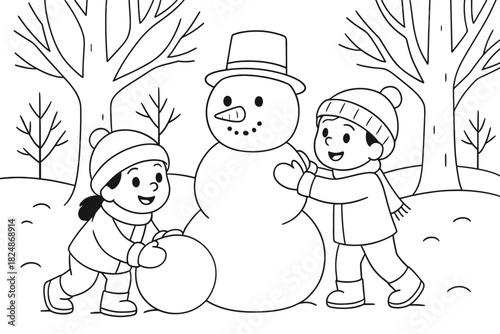 Building a Snowman. Snow day activity children’s coloring book illustration, outlined drawing, children