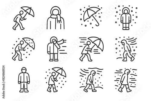 Winter Storm Icon Set. Winter storm walk. Line outline icon set of winter storm walk: man walking with