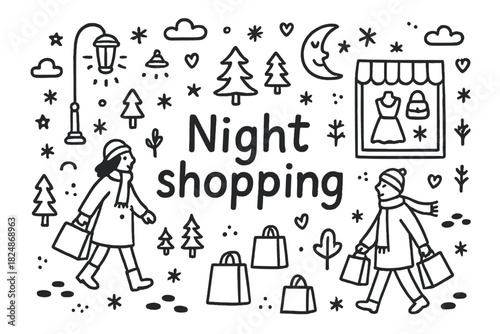 Night Shopping Doodles. Night shopping. Hand-drawn doodle illustration of Night shopping. People, store window