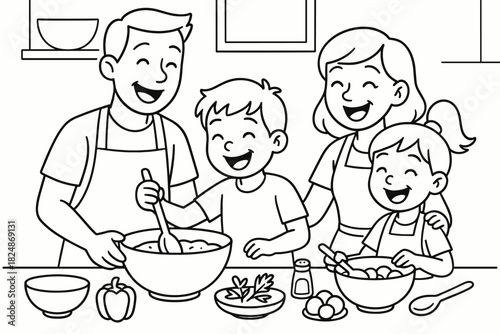 Family Cooking Coloring Page. Cooking fun with kids children’s coloring book illustration, outlined drawing,