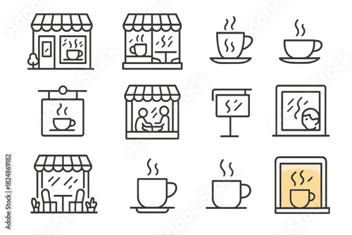 Cozy Café Icons. Small café with steamy windows. Line outline icon set of small café with steamy windows: cozy