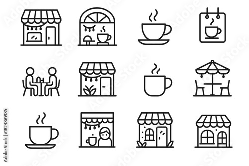 Festive Coffee Icons. Festive coffee shop. Line outline icon set of festive coffee shop: small café building,