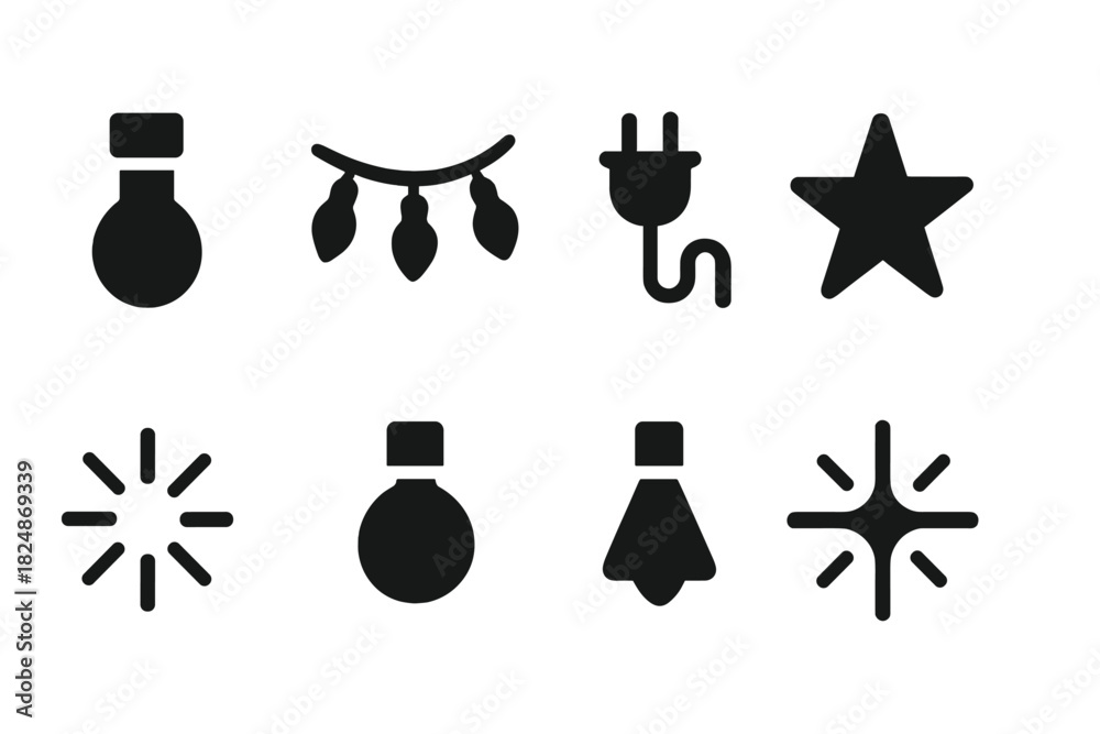 Obraz premium Light Garland Icons. Light Garland. Filled icon set of Light Garland: light bulb, string wire, plug, star,