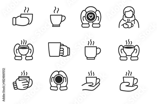 Festive Coffee Icons. Festive coffee icons. Line outline icon set of festive coffee icons: hand in mitten