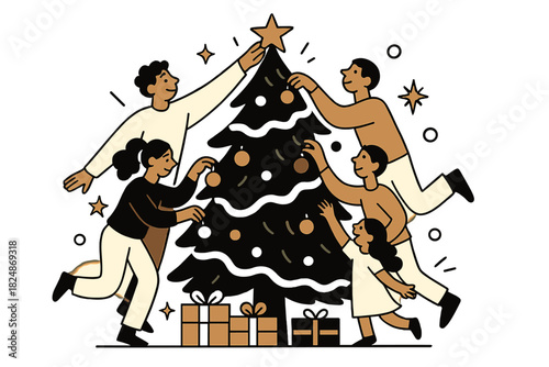 Festive Tree Collaboration. Decorating Christmas tree together. Friends and family placing ornaments, tinsel,