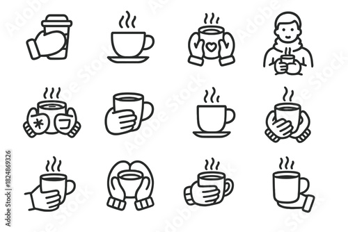 Winter Coffee Icons. Winter coffee hand icons. Line outline icon set of winter coffee hand icons: hand in