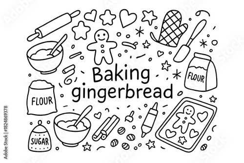 Gingerbread Baking Doodle. Baking gingerbread. Hand-drawn doodle illustration of Baking gingerbread.