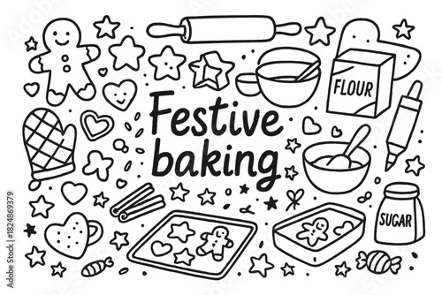 Festive Baking Doodles. Festive baking. Hand-drawn doodle illustration of Festive baking. Gingerbread cookies,