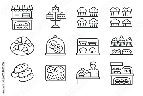 Pastry Icon Set. Café pastry set. Line outline icon set of café pastry set: café counter with pastries, cakes
