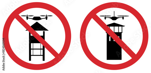 Set of prohibition signs indicating that drone usage is not allowed near fire station towers