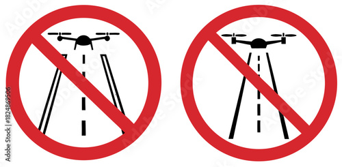 Set of prohibition signs indicating that drone usage is not allowed above highways