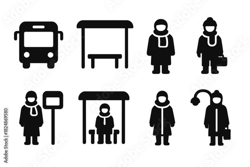 Bus Stop Icons. Bus Stop with People in Coats. Filled icon set of Bus Stop with People in Coats: bus, bus stop