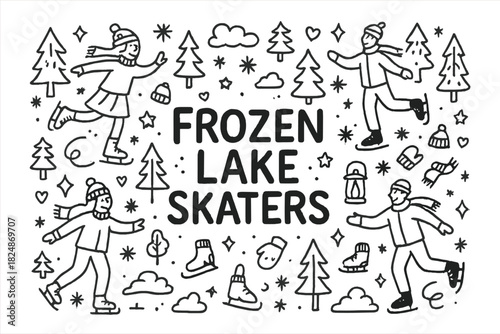 Frozen Lake Skaters. Frozen Lake Skaters. Hand-drawn doodle illustration of Frozen Lake Skaters. Ice rink,
