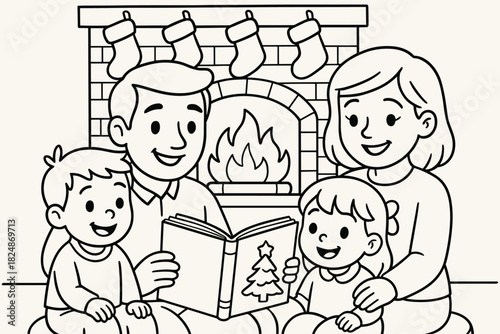 Family Christmas Storytime. Parents reading a Christmas story children’s coloring book illustration, outlined